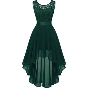 BeryLove Women Darkgreen Chiffon Scoop Neck Sleeveless Lace Cocktail Dress